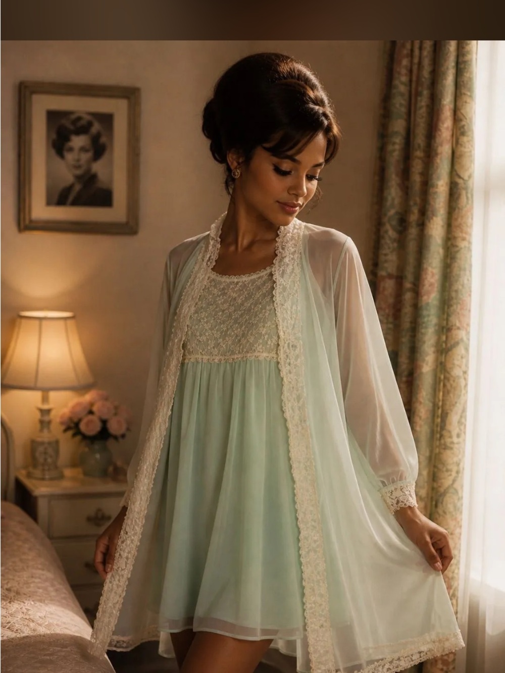 Vintage Sheer Lace-Trim Mint Chiffon Babydoll Robe Set - Women Intimates 1960’s